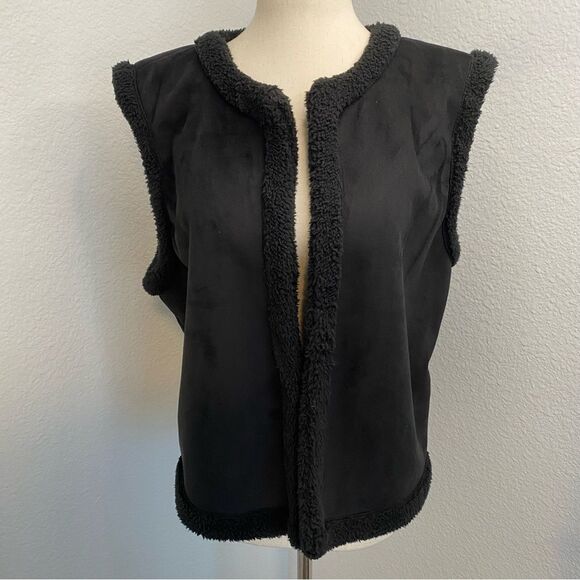 Lauren Ralph Lauren Jackets & Blazers - Ralph Lauren Faux Suede Leather Shearling Black Vest Open Front Sexy Glam SZ XL